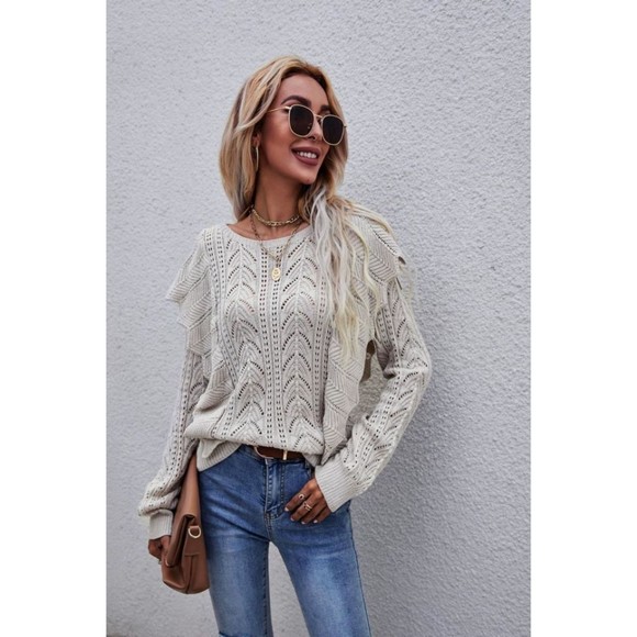 Openwork Round Neck Ruffled Sweater - Picture 14 of 16